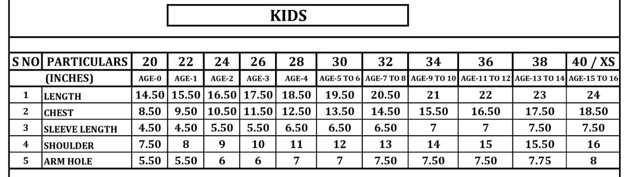 Size guide kids